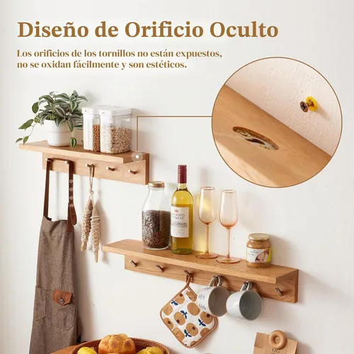 Vista 2 de Perchero de madera de roble con estante de 20 pulgadas de largo, 5 ganchos, estante flotante de pared de entrada para baño, pasillo, sala de estar