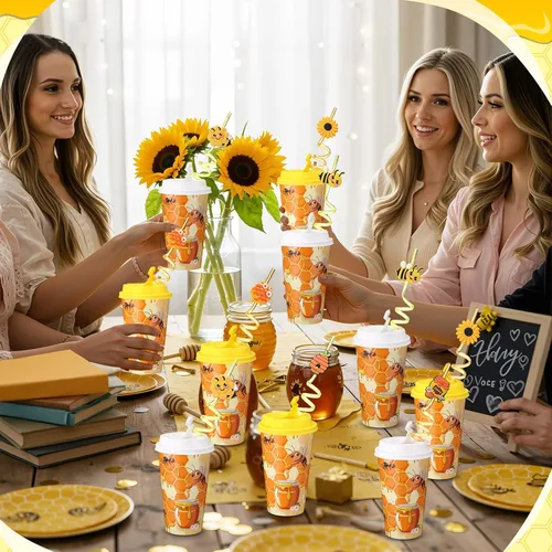 Vista 6 de Yungyan 16 juegos de tazas de golosinas con tapas y pajitas para decoraciones de cumpleaños, reutilizables, 16 onzas, vasos de plástico para dulces