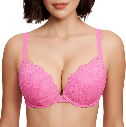 Vista 16 de DOBREVA - Brasier de encaje con efecto push up para mujer, con aros, con inmersión, cobertura completa, sexy, talla grande, con soporte Beige