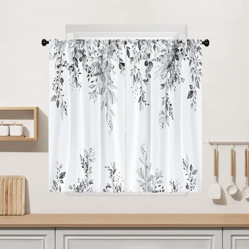 Vista 18 de Cortina de eucalipto negro y gris, cenefa para tratamiento de ventana, estilo bohemio, rústico, floral, bolsillo para barra, cortinas de ventana