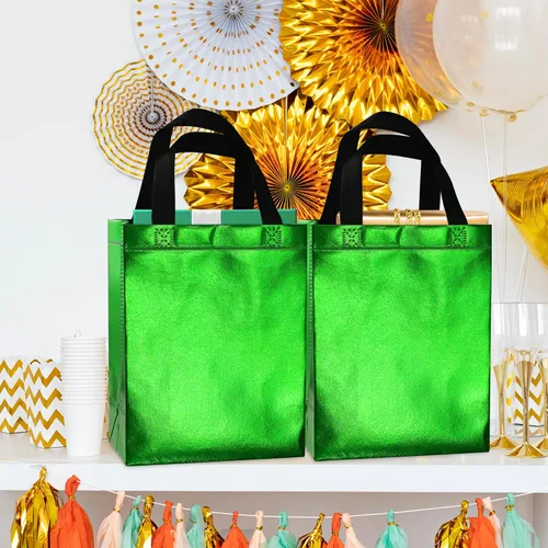 Vista 2 de BLEWINDZ 9 Piezas Bolsas de Regalo Medianas con Papel de Seda – Bolsas de Regalo Verdes Reutilizables Brillantes - Ideales como Bolsa de Golosinas
