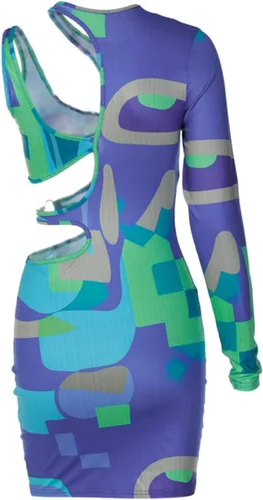 Vista 5 de Newbgclo Vestido sexy de manga larga para mujer, con bloques de color, ajustado, vestido cruzado de una sola pieza, vestido de fiesta de club