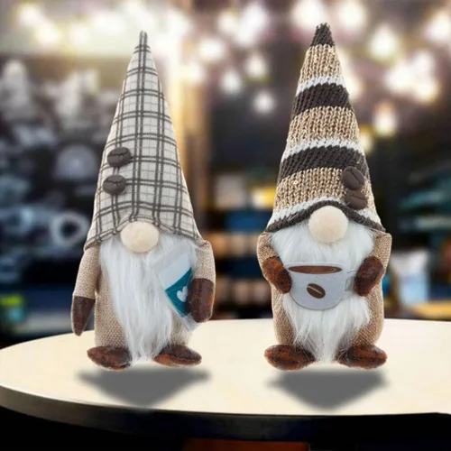 Vista 2 de Decoración navideña de gnomos de café para el hogar, 2 gnomos de Navidad para cafetería, figuras coleccionables enanas hechas a mano, muñeca
