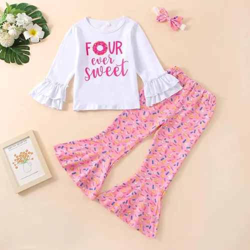 Vista 10 de Conjunto de ropa de cumpleaños para bebé niña pequeña, camiseta de manga larga, pantalones de campana, diadema