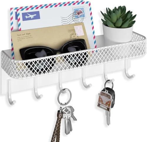 Vista 7 de Lwenki Soporte para llaves de pared – Colgador decorativo de acero inoxidable con 6 ganchos para sombreros, bolsos, correas – Organizador de correo