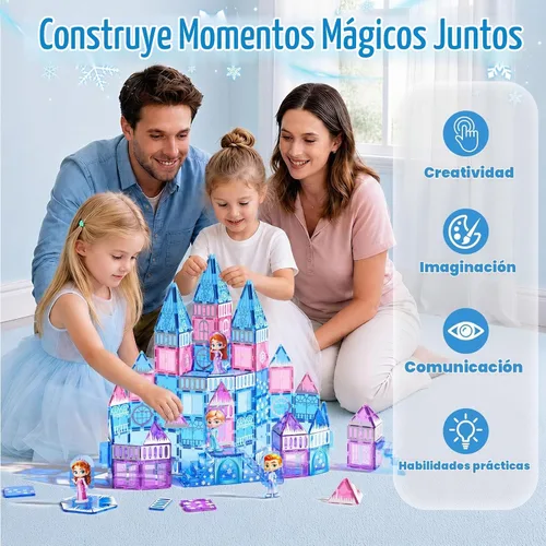 Vista 6 de GobiDex 100 azulejos magnéticos de castillo de princesa con 4 muñecas y escaleras, bloques de construcción magnéticos de princesa para niños de 3 a