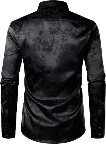 Vista 3 de ZEROYAA Camisas de vestir de manga larga con botones y estampado floral de satén brillante para hombre para fiesta de graduación