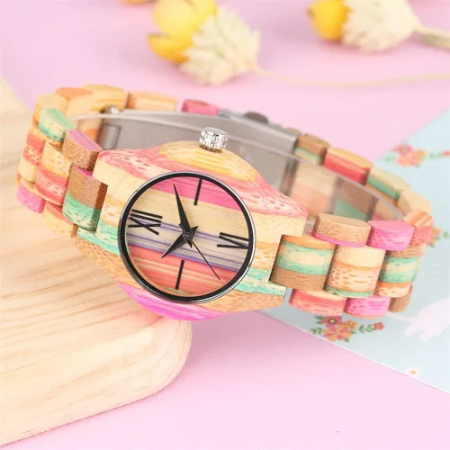 Vista 3 de Tiong Reloj de madera para mujer con correa de madera, cuarzo analógico, diseño clásico, colorido reloj de pulsera de bambú para damas, parejas..