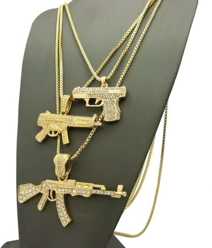 Vista 4 de Shiny Jewelers USA Juego de collar de cadena con colgante para hombre pistola AK 47 picador pulgar vida Metal Circonia cúbica