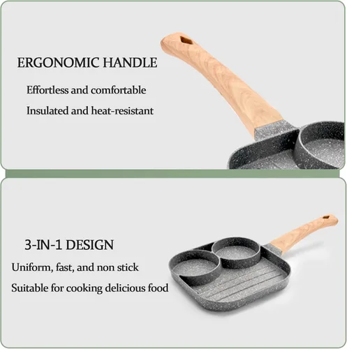 Vista 5 de JUSTUP Sartén antiadherente para huevos, mini sartén antiadherente 3 en 1, sartén dividida, mango resistente al calor, sartén de 3 secciones, mini