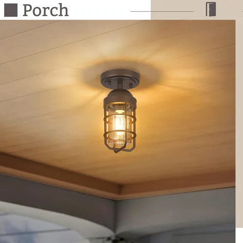Vista 3 de Emliviar Lámpara de techo estilo granja, luz semiempotrada vintage para interior, luz de seguridad con vidrio templado transparente, acabado
