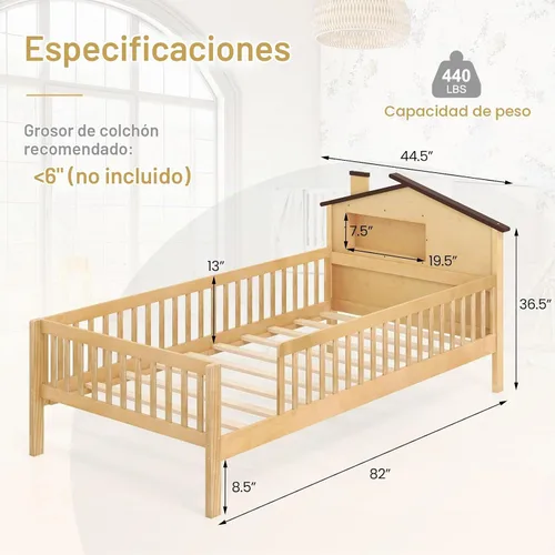 Vista 2 de KOMFOTT Base de cama individual con rieles y cabecera en forma de casa, plataforma de madera maciza con barandillas de seguridad, cubo de Natural