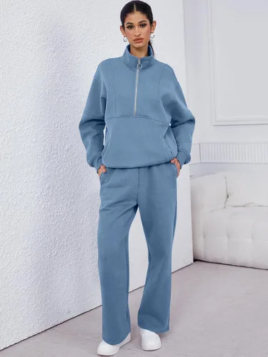 Vista 6 de ANRABESS Conjunto de 2 piezas para mujer, sudadera de gran tamaño con media cremallera a juego, pantalón de pierna ancha, conjunto de ropa