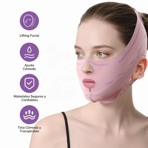 Vista 4 de Máscara de elevación de barbilla con línea V, correa de barbilla reductora de doble barbilla para dormir, máscara de estiramiento facial
