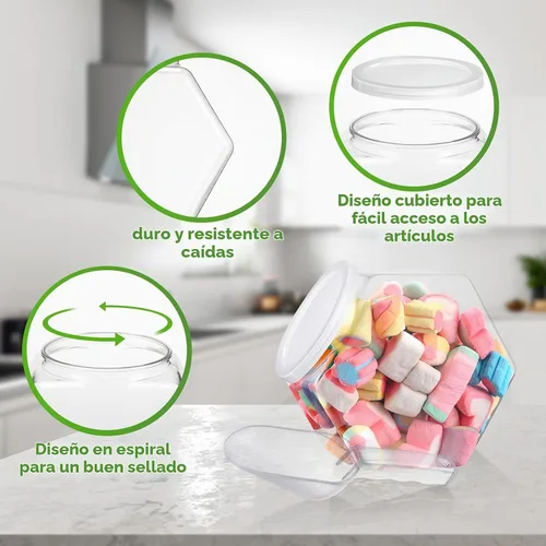 Vista 3 de Hoolerry Juego de 12 tarros de plástico para dulces con cucharas que incluye 6 tarros hexagonales para galletas con tapa para bufé de dulces y 6