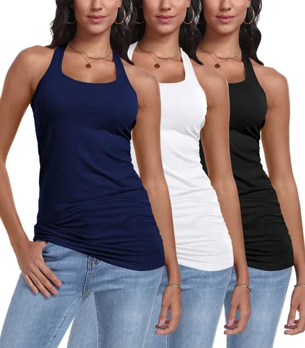 Vista 18 de Paquete de 3 camisetas sin mangas con espalda cruzada para mujer Negro+blanco+rosa