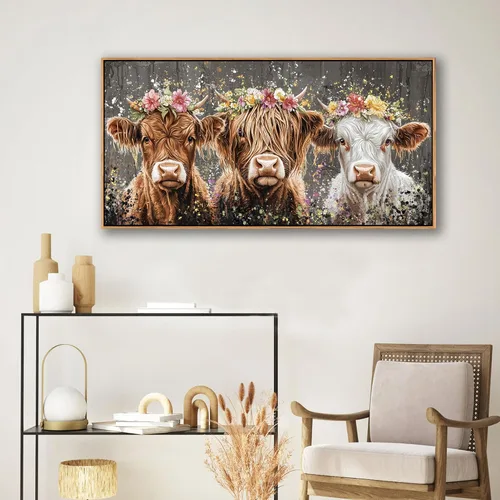 Vista 3 de AJAZIKO Arte de Pared de Vaca de las Tierras Altas - Decoración de Pared de Granja y Campo Rústico, Cuadros Grandes en Lienzo para Sala de Estar