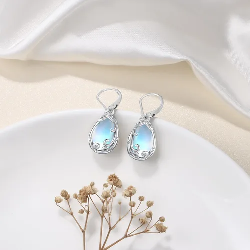 Vista 2 de Aretes de plata de ley 925 con diseño de gato, árbol de la vida, piedra lunar, lágrima, filigrana, colgantes, para mujeres y niñas