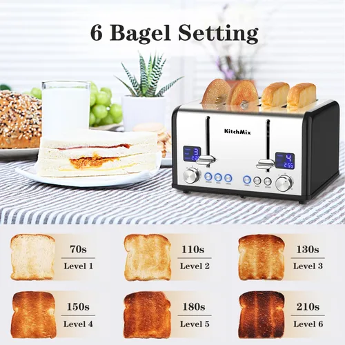 Vista 2 de Tostadora de 4 rebanadas, tostador de panecillos de acero inoxidable KitchMix con temporizador LCD, ranuras extra anchas, pantalla dual, bandeja