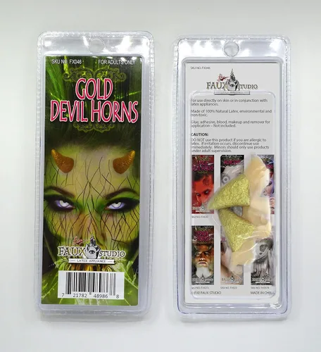 Vista 3 de Fxe Faux Studio Pequeño aparato protésico de látex de Halloween con cuernos de diablo dorados.
