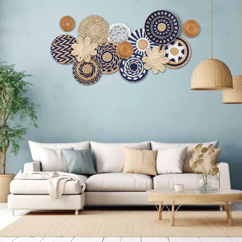 Vista 5 de Xuhal 15 piezas de decoración de cesta de pared estilo bohemio, cestas de pared tejidas de algas marinas artesanales, cestas de pared rústicas