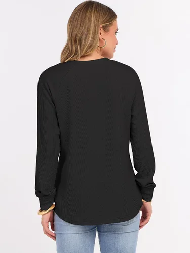 Vista 5 de ANRABESS Camisas de manga larga Henley de punto gofre para mujer Negro