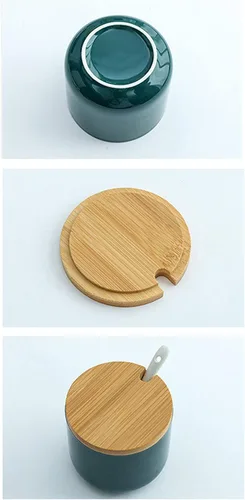 Vista 7 de Tarro de especias de cerámica de color puro simple Caja de condimentos Pote de azúcar con tapa de bambú y cuchara