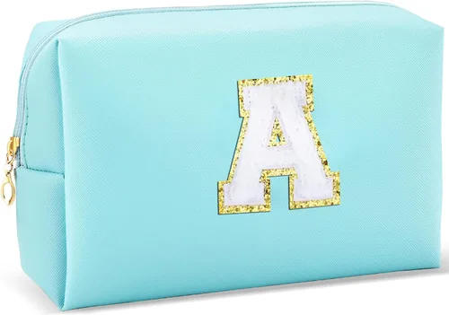 Vista 15 de URSKYTOUS Regalos para niñas, bolsa de maquillaje con inicial, bolsa de cosméticos personalizada con cremallera, bonita bolsa de aseo de viaje, Azul