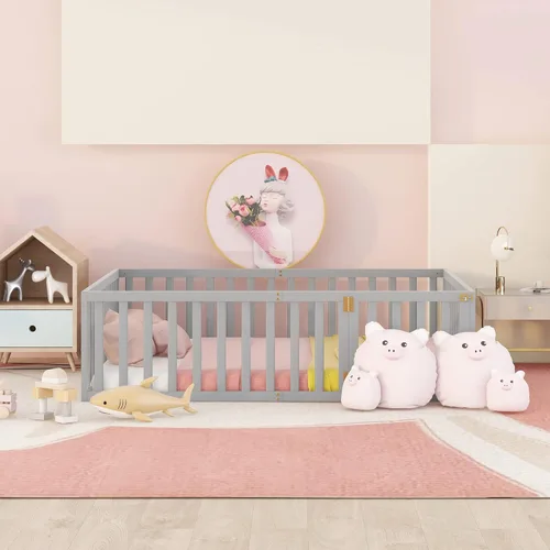 Vista 3 de Cama de suelo para niños, marco de cama Montessori de tamaño matrimonial con barandillas de valla para niños, camas de madera para niños y niñas
