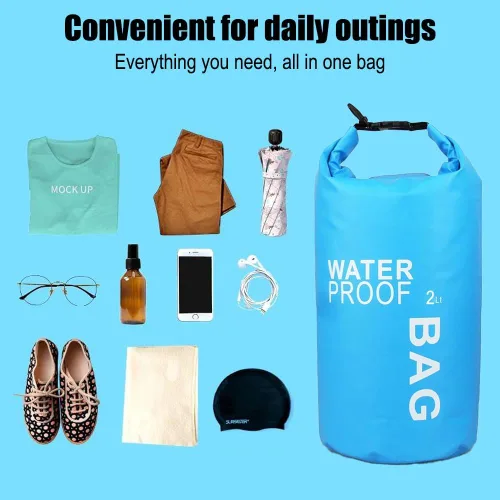 Vista 3 de Bolsa seca impermeable de 2 litros, saco ligero enrollable para kayak, natación, campamento y playa, compacto y resistente al agua, esencial