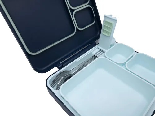 Vista 6 de BUILT Caja de almuerzo estilo bento, resistente a las fugas, apta para microondas, con 3 compartimentos, con utensilios y aderezo, color azul