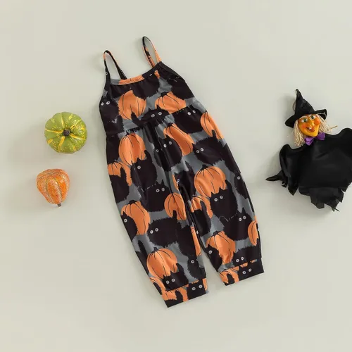 Vista 3 de Emmababy Enterizo de Halloween para niños y niñas pequeñas, con estampado de calabaza, fantasmacaricatura, gato, calabaza, sin mangas, 1-6T, overol