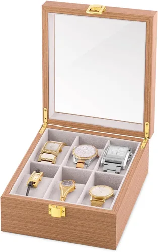 Vista 4 de Maverton Caja de reloj de madera para él - Pantalla de reloj personalizada para hombre - Caja rectangular con tapa de vidrio para marido - Soporte
