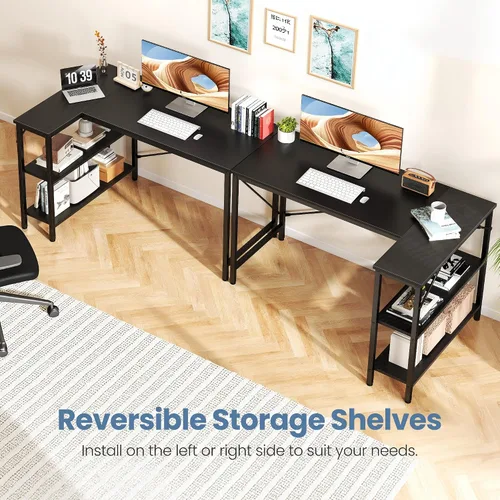 Vista 4 de DUMOS 39" L Shaped Computer Desk, Gaming Corner Desks with Storage Shelves Home Office PC Table, Writing Working Study Desk with Reversible