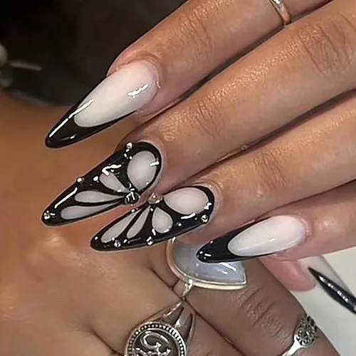 Vista 18 de MISUD Uñas a presión largas Stiletto con pegamento de plata cromada, diseño de cadena gótica Y2K acrílica 24 piezas