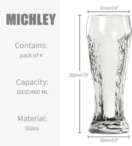 Vista 4 de MICHELY Beer Glasses Set of 4,Quality Glass Mugs with Elegant Design for Various Occasions