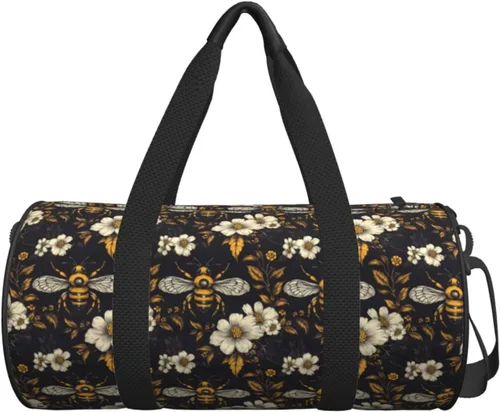 Vista 7 de Large Duffle Bag for Travel - Retro Floral Bee Yellow Print Gym Bag for Women Men, Travel Foldable Bags for Women Men with Zippered Multiple Pockets