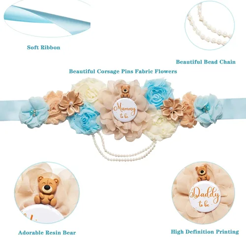 Vista 3 de Juego de banda de maternidad de oso de peluche para mamá y papá, ramillete, flores, suministros de recuerdo de baby shower, decoraciones