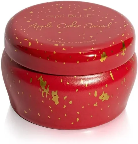 Vista 2 de Capri Blue Glimmer Mini Tin - Vela perfumada a manzana con mini portavelas, mezcla de cera de soja, Capri Blue Apple Cider Social Red and Gold