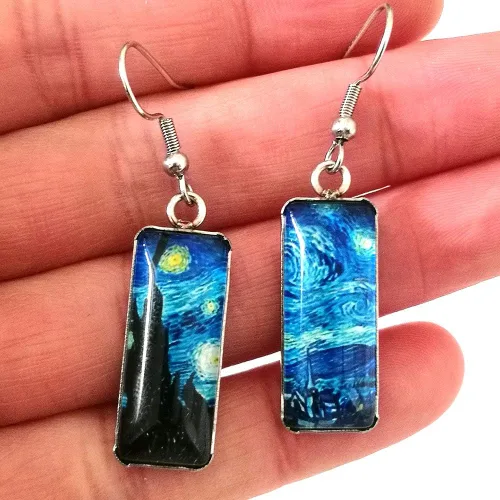 Vista 6 de Van Gogh - Aretes colgantes con diseño de girasol y cielo estrellado para mujer, aretes de arte abstracto