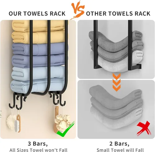 Vista 5 de Toalleros para baño, toallero montado en la pared con estante de metal y 4 ganchos para colgar, estante de toallas para baño pequeño, puede contener