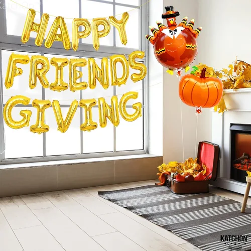 Vista 6 de KatchOn Juego de globos y pancartas de Happy Friendsgiving – Grande de 16 pulgadas, paquete de 3 Globos de pavo y calabaza Cartel de regalo