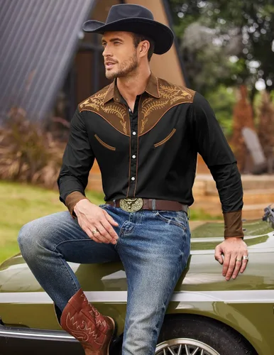 Vista 2 de COOFANDY Men's Western Embroidered Shirts Cowboy Casual Shirt Button Down Shirts