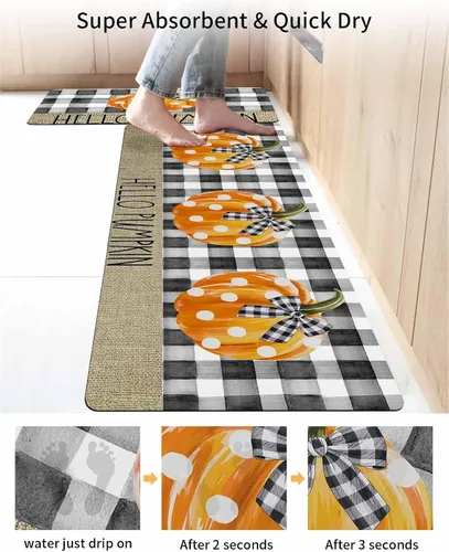 Vista 4 de Tapete de baño con diseño de calabaza a cuadros para bañera, antideslizante, de secado rápido y absorbente, con tierra de diatomeas, para fregadero