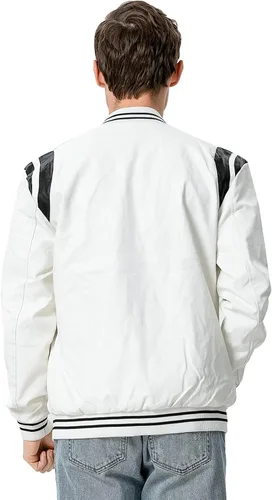 Vista 2 de chuida Chaqueta bomber de piel sintética para hombre, cuello alto, forro polar, resistente al viento, ligera, para motociclista, para carreras