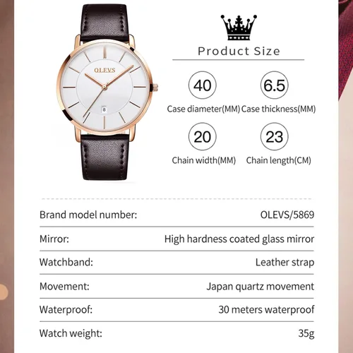 Vista 6 de OLEVS Reloj para hombre de lujo ligero de cuero impermeable con movimiento japonés para hombre con fecha calendario minimalista ultrafino clásico