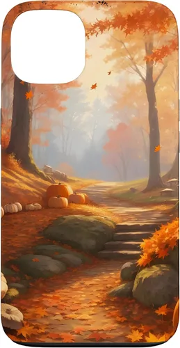 Vista 7 de iPhone 13 Pro Max Idílica escena del bosque de otoño, hojas de otoño, funda de calabazas