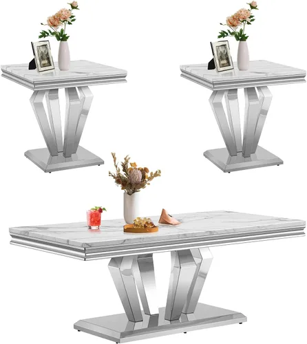Vista 20 de SSLine Moderna mesa de centro de 1 pieza para sala de estar, mesa de centro de lujo de mármol sintético con patas de acero inoxidable en forma de S
