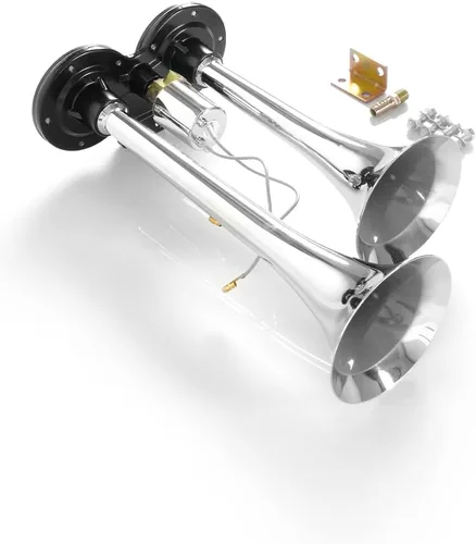 Vista 5 de Bocina de aire cromada de 12 V, 150 dB, kit de bocinas de trompeta dobles súper ruidosas universales para automóvil, camioneta, SUV, motocicleta