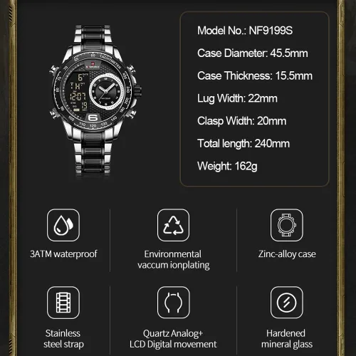 Vista 6 de NAVIFORCE Reloj para hombre reloj de cuarzo digital de doble pantalla multifuncional de acero inoxidable